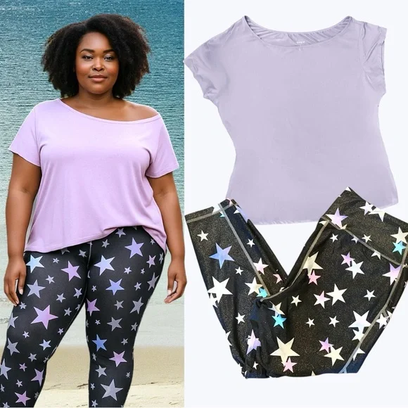 Torrid Active Set: Performance Core Leggings & Purple Off Shoulder Wicking Tee 2 - Picture 2 of 15